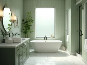 "Luxurious modern bathroom with sage green walls, white subway tiles, freestanding oval tub, double vanity, Carrara marble countertop and brushed brass sconces, featuring potted eucalyptus and fluffy white towels"