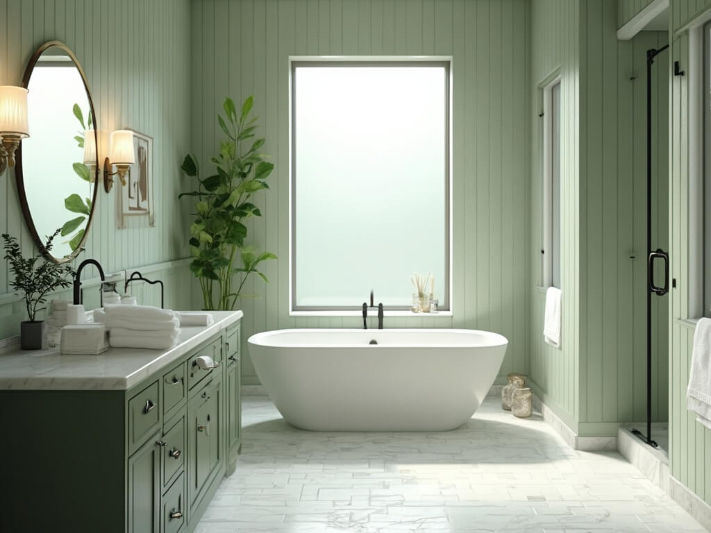 "Luxurious modern bathroom with sage green walls, white subway tiles, freestanding oval tub, double vanity, Carrara marble countertop and brushed brass sconces, featuring potted eucalyptus and fluffy white towels"