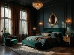 "Dramatic and moody master bedroom interior with navy blue walls, richly layered king bed, vintage Persian rug, and antique gold-framed mirror bathed in late afternoon sunlight."