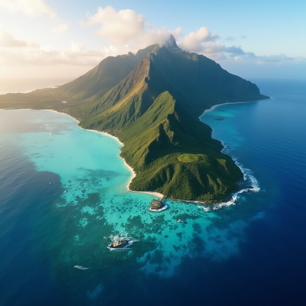 Mount Otemanu rising from turquoise lagoon at sunrise