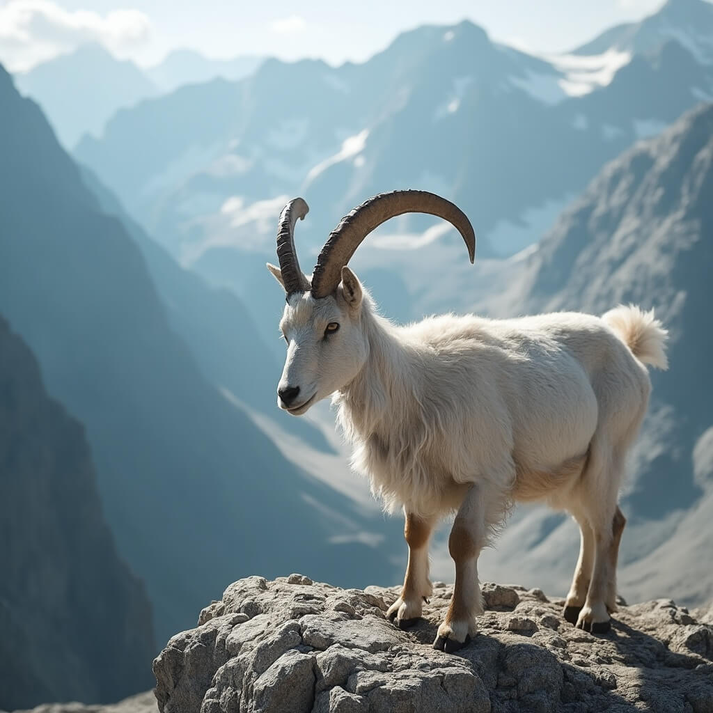 Mountain goat on alpine ledge overlooking glacier-carved valley, illuminated by soft mountain light with detailed view of goat's fur and rocky terrain