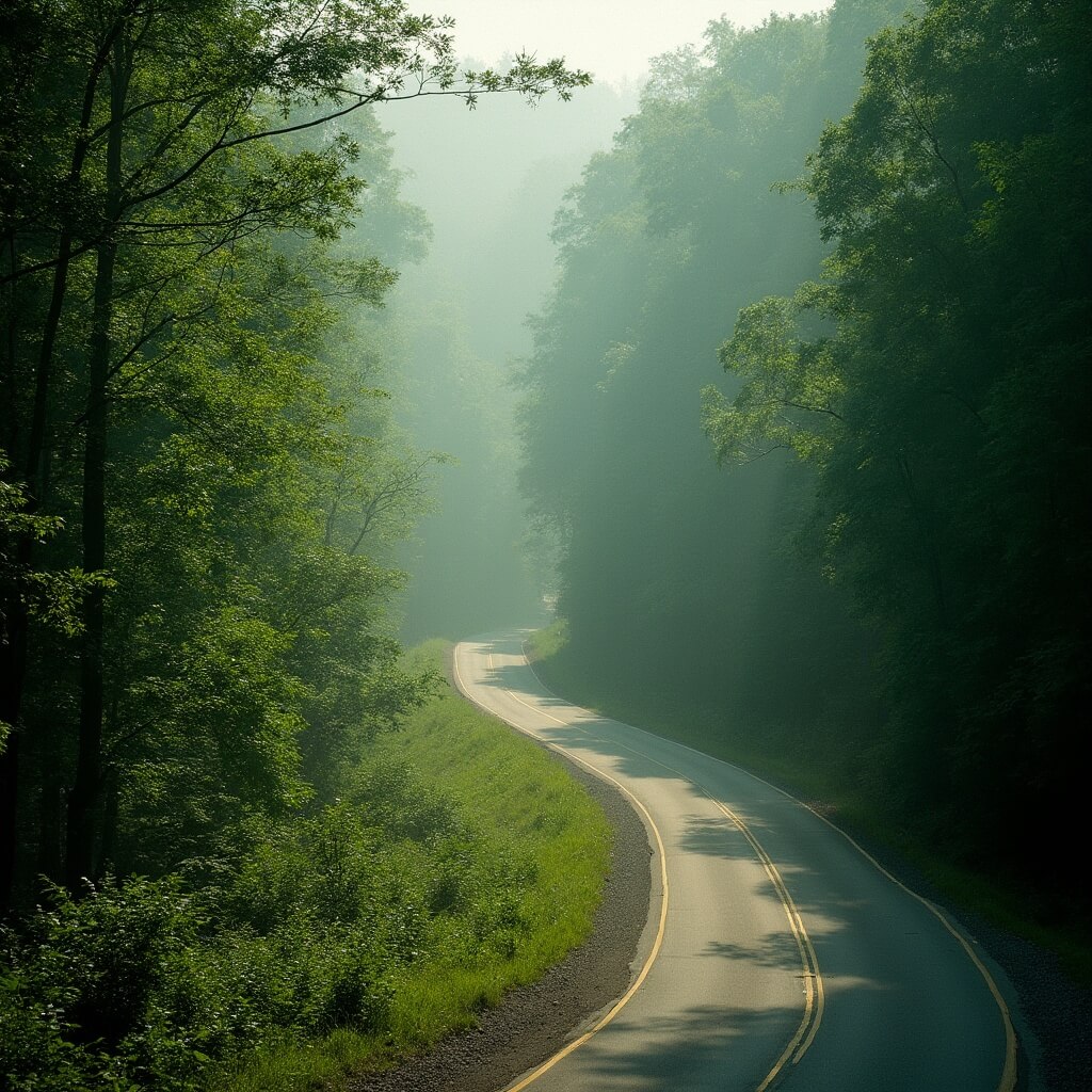 Morning light filtering through trees along Natchez Trace Parkway in dense green forest
