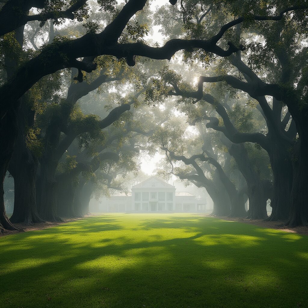 Panoramic view of Oak Alley Plantation with mansion, manicured lawn, ancient live oak trees and Mississippi River, in early morning mist and ethereal lighting
