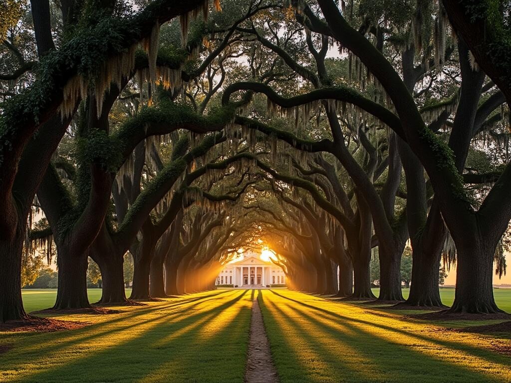 "Golden hour view of Oak Alley Plantation's canopied path of ancient oak trees leading to a Greek Revival mansion"
