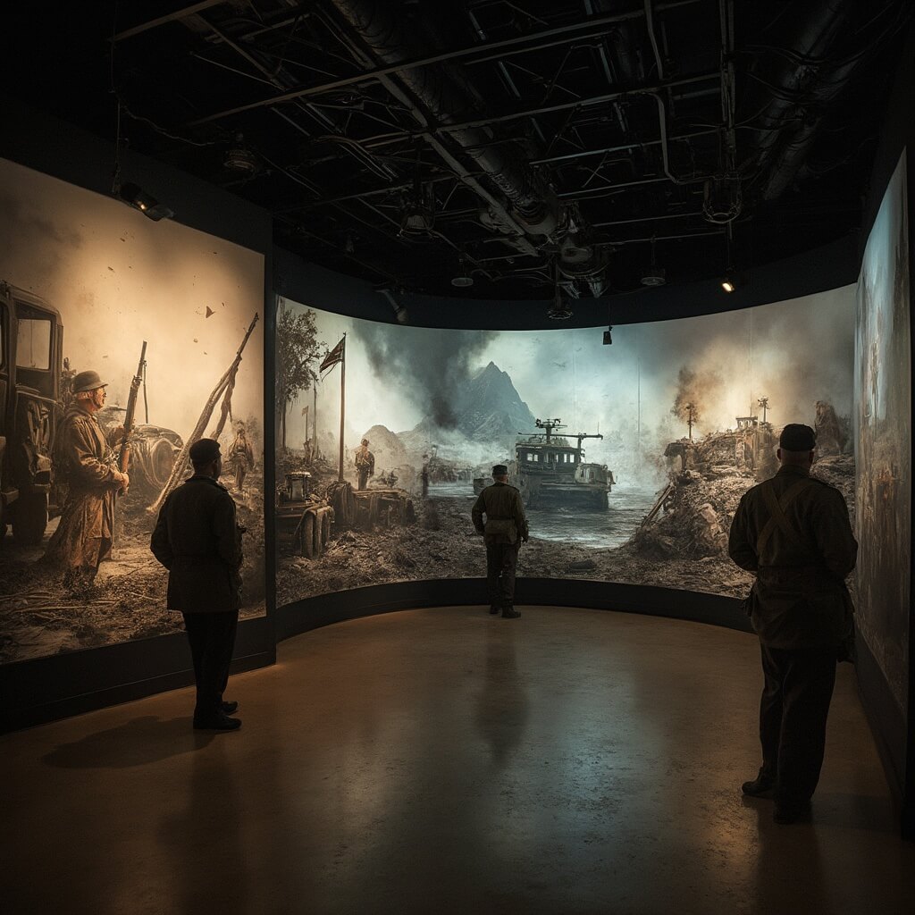 Interior view of 'Road to Tokyo' exhibit featuring a recreated Pacific theater battlefield with authentic military equipment and dramatic lighting