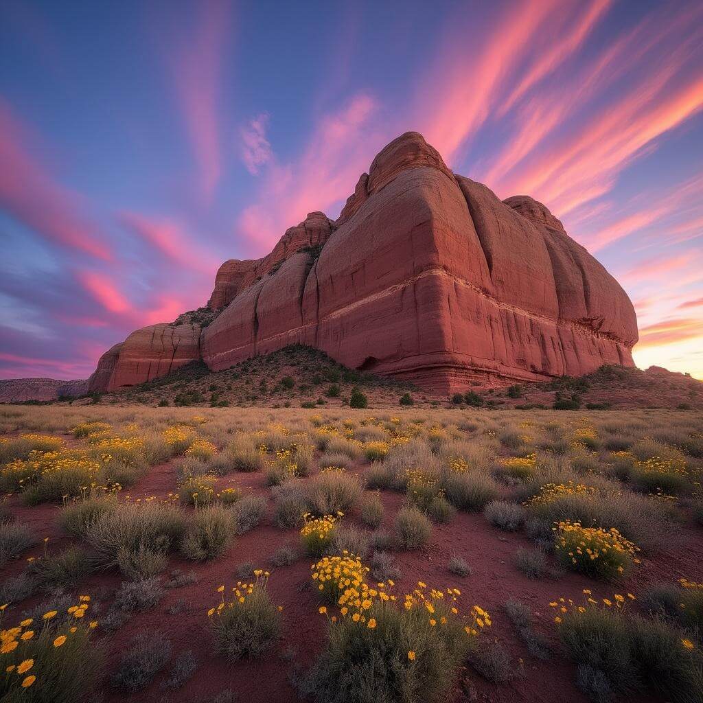 Sunset over Painted Rock with pink and purple clouds, long shadows on plain, and foreground of yellow wildflowers