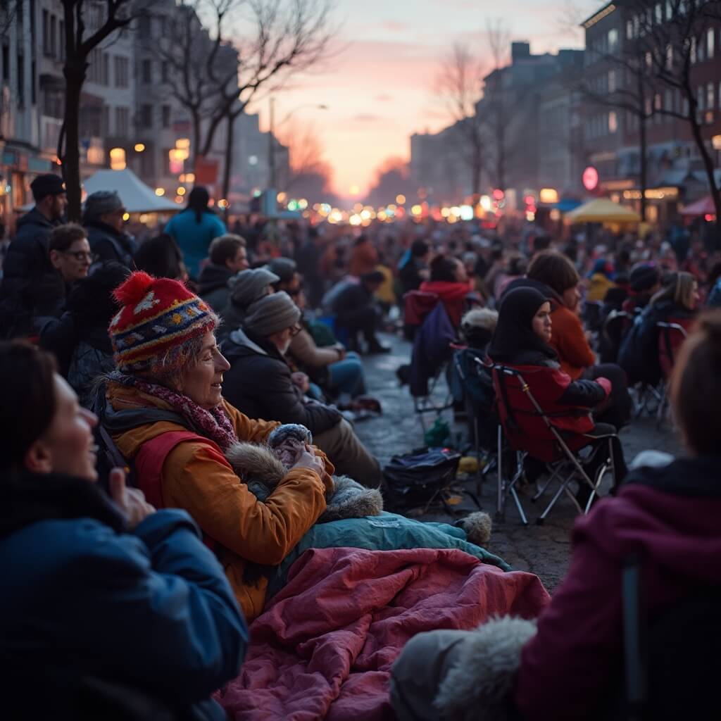 Spectators camping overnight along parade route with colorful chairs and blankets, bundled in layers, excited for the impending parade, with dawn breaking over the scene