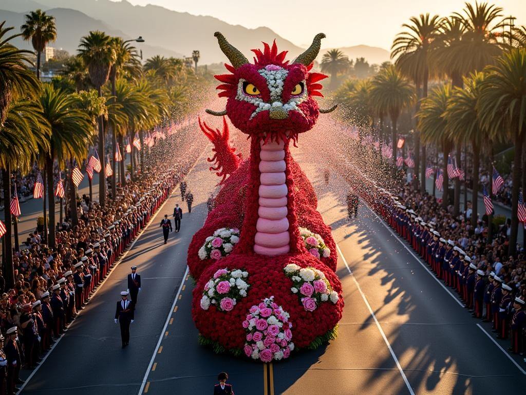 "Aerial view of Rose Parade with dragon-shaped floral float covered in roses and orchids, marching band, and spectators lining palm tree-lined Colorado Boulevard, with San Gabriel Mountains in the background."