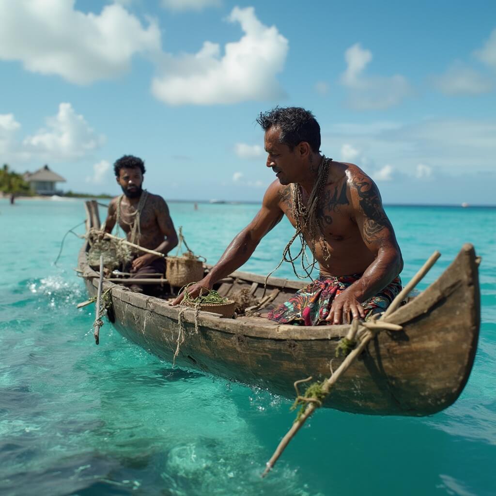 Local Polynesian fishermen in a traditional wooden outrigger canoe navigating through a coral-rich lagoon, displaying intricate tattoos and demonstrating traditional fishing techniques
