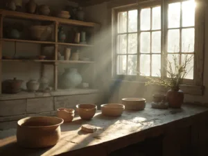"Serene morning light illuminating a minimalist pottery studio with earth-toned ceramics, a weathered workbench, kintsugi-repaired bowls, and raw clay tools on display"