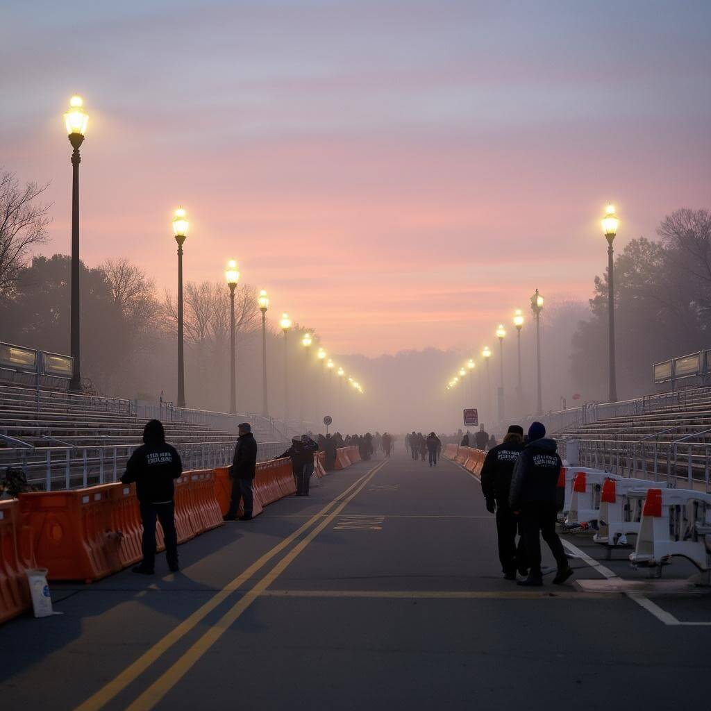 Volunteers setting up barricades on Colorado Boulevard during pre-dawn, with fog over empty bleachers and street lamps creating a golden glow, under a sunrise-painted sky in hues of pink and orange