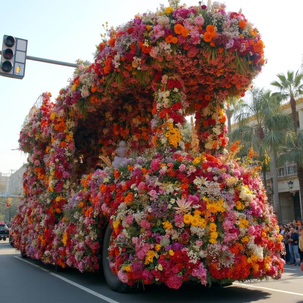 Rose Parade float adorned with vibrant flowers on Colorado Boulevard, with morning sunlight casting shadows and crowds in the background