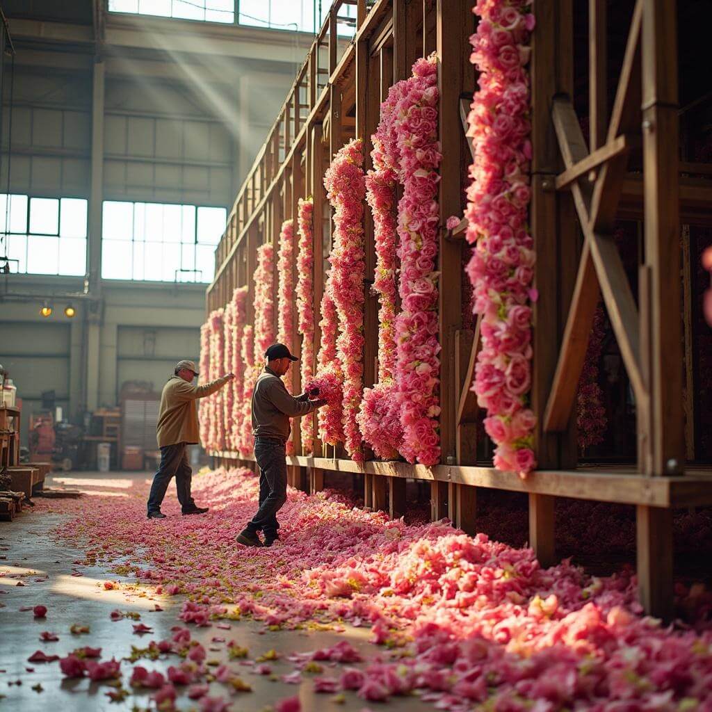Artisans applying rose petals to a Rose Parade float in a large warehouse, with natural light highlighting the frame structure and scattered botanical materials.