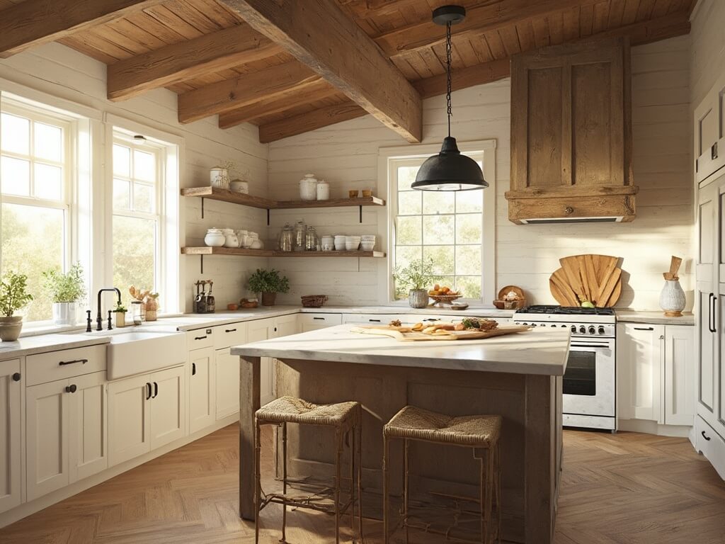 "Sunny farmhouse kitchen with high ceiling, white cabinets, large wooden island, black pendant lights, and seagrass barstools"