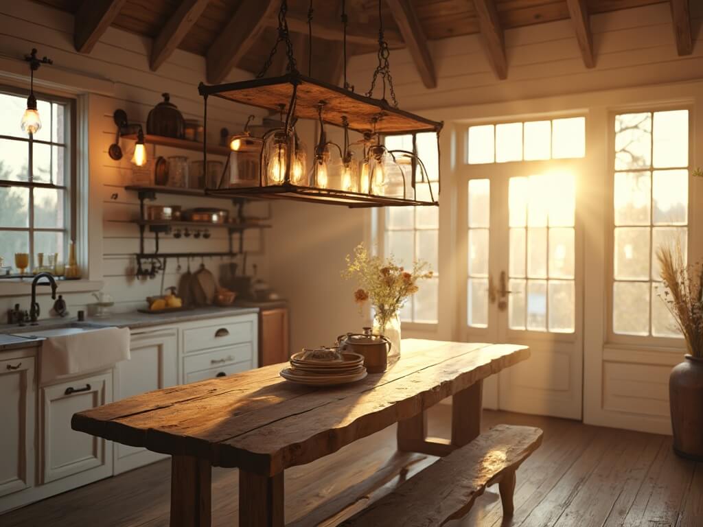"Farmhouse kitchen under golden hour lighting with rustic wooden table, Edison bulb chandelier, marble island, and warm color grading"