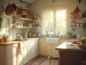 "Sun-drenched rustic farmhouse kitchen with cream cabinets, wooden island, marble countertops, copper pots, curated ironstone pitchers and bowls, fresh herbs in terracotta pots, and vintage-style pendant lights."