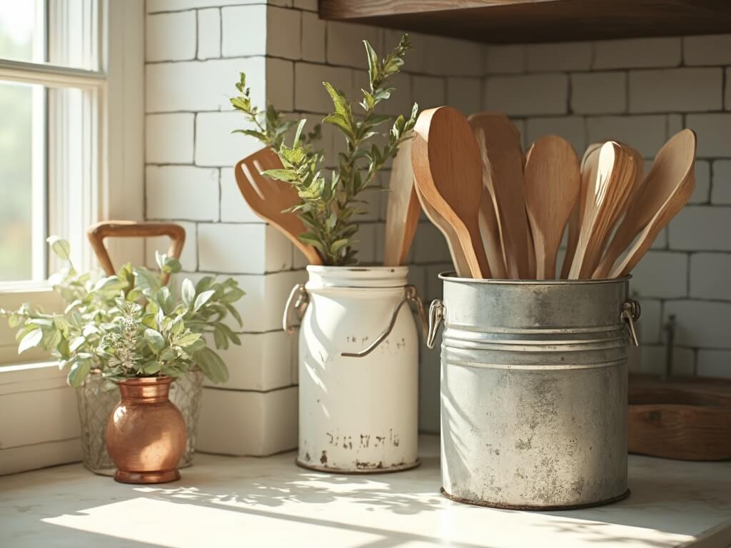 "Rustic farmhouse kitchen with vintage utensil holders and wooden utensils on a marble countertop, under natural morning light"