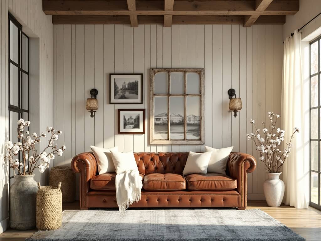 "Rustic elegant farmhouse living room with vintage leather sofa, white shiplap walls, weathered wooden beam ceiling, and antique decor in warm afternoon sunlight"