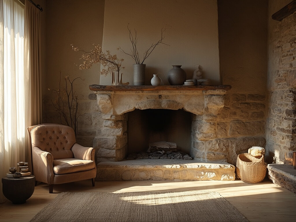 "Rustic living room at golden hour with a weathered stone fireplace, vintage leather armchair, raw timber bench, ceramic vessels, and hand-thrown pottery on the mantel."