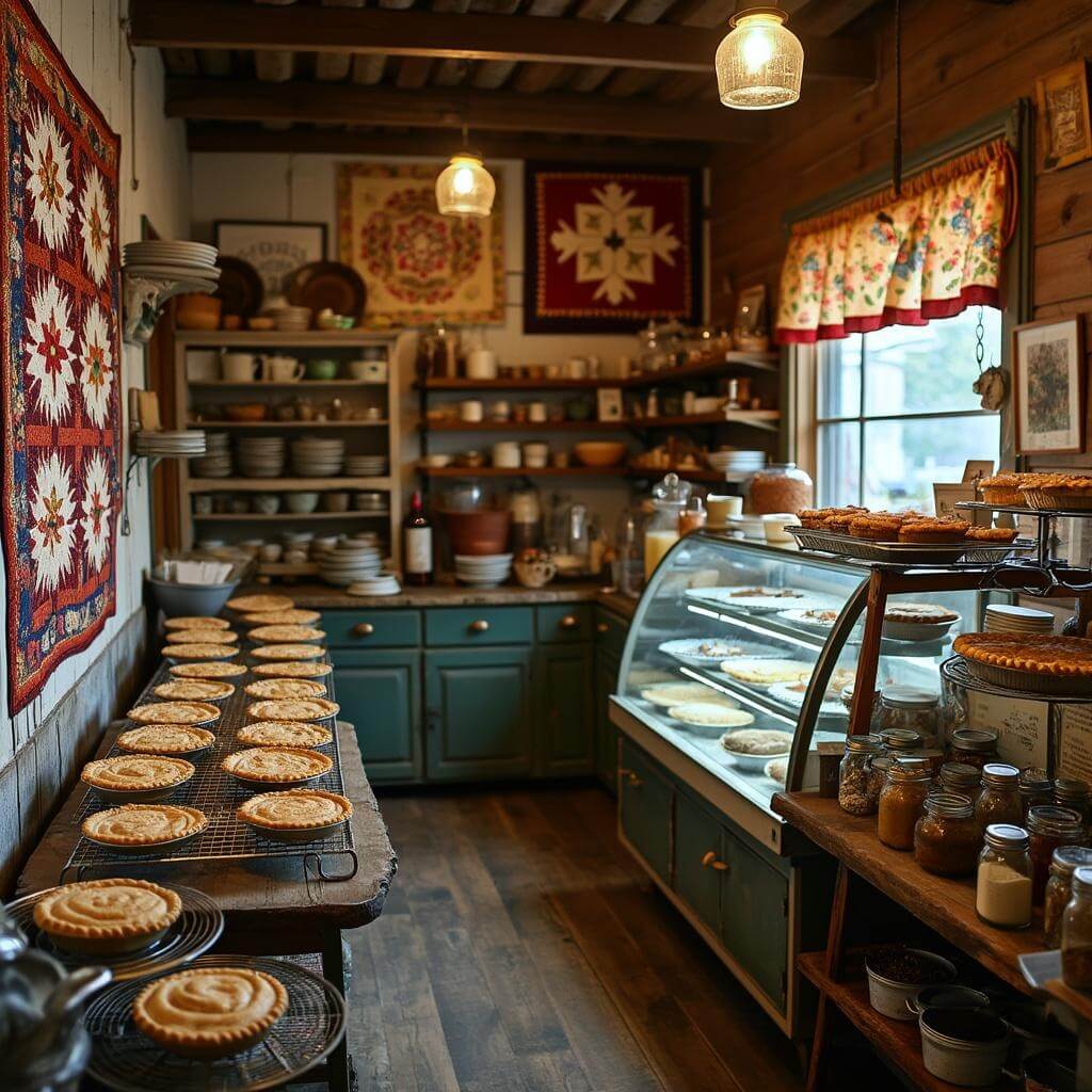 Rustic bakery interior with wooden counters, vintage display cases, handmade quilts on walls, fresh pies on antique wire racks, and mason jars of Southern ingredients on wooden shelves under warm ambient light