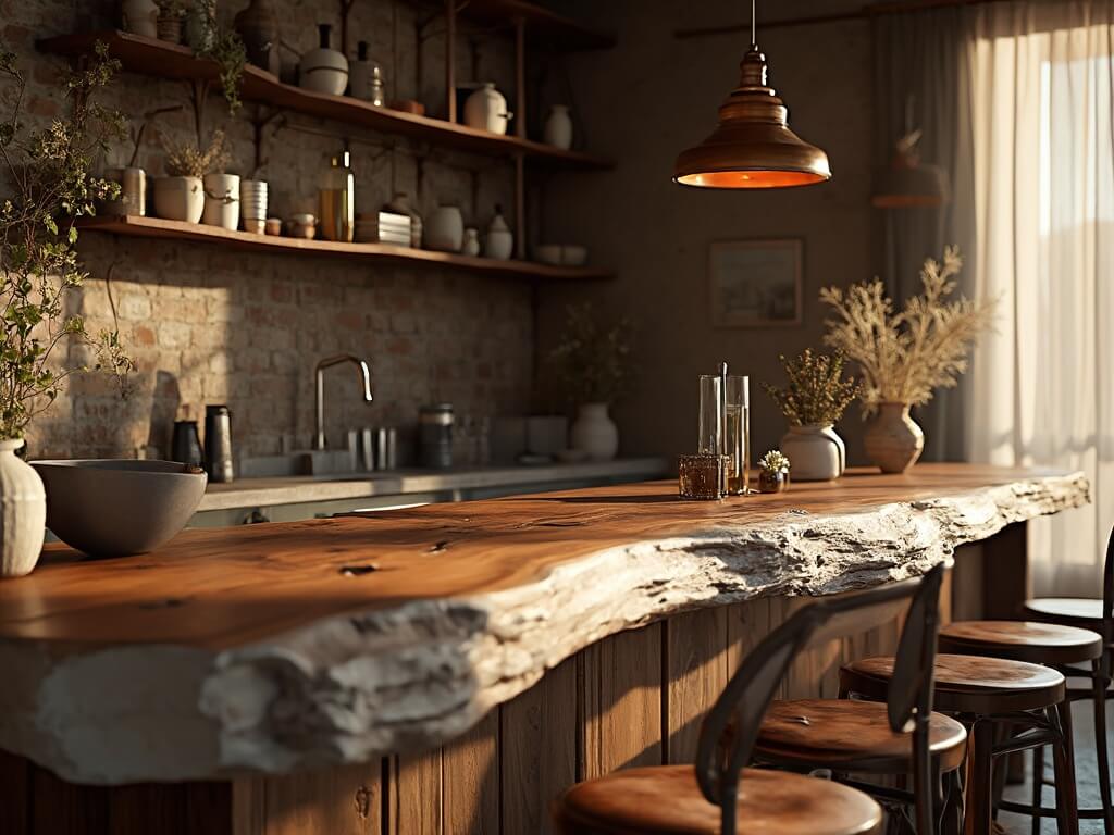 "Sophisticated rustic home bar with live-edge walnut counter, handcrafted ceramic vessels, leather barstools, exposed brick walls, and vintage copper lighting in warm earth tones"