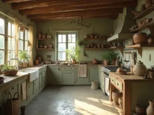 "Rustic kitchen bathed in morning sunlight with sage green plaster walls, exposed wooden beams, handmade ceramics on reclaimed oak shelves, vintage copper pots, stone countertops, antique wooden table, fresh produce in handwoven baskets, and living herbs in terracotta pots"
