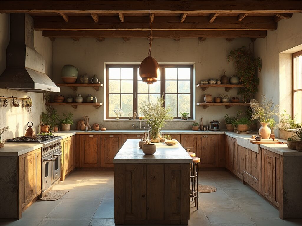 "Rustic wabi-sabi kitchen with weathered oak cabinets, limestone countertops, and handmade ceramics in golden hour sunlight"