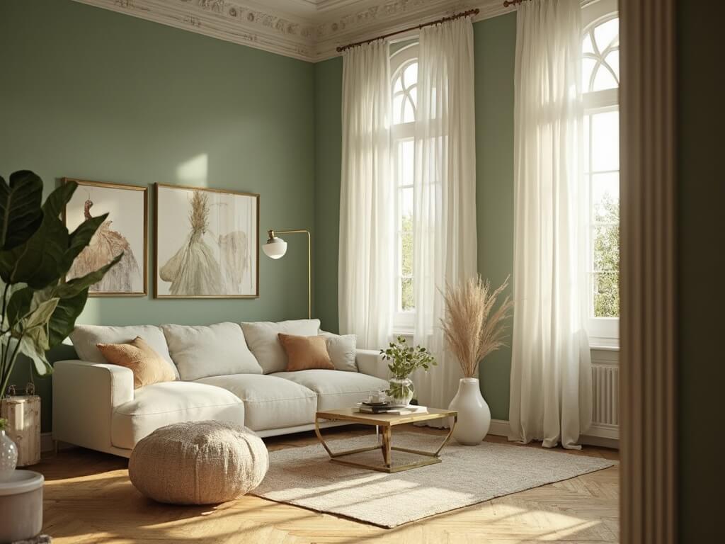 "Sage green living room bathed in soft golden hour light, featuring a cream linen sofa, brass and glass coffee table, Persian rug, gallery wall with botanical prints, and a fiddle leaf fig plant"