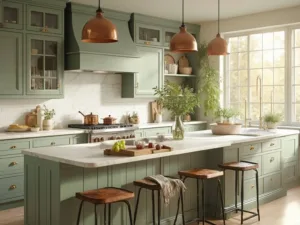 "Sage green kitchen with natural elegance featuring Carrara marble island, brass hardware, and organic decor, shot in golden hour lighting"