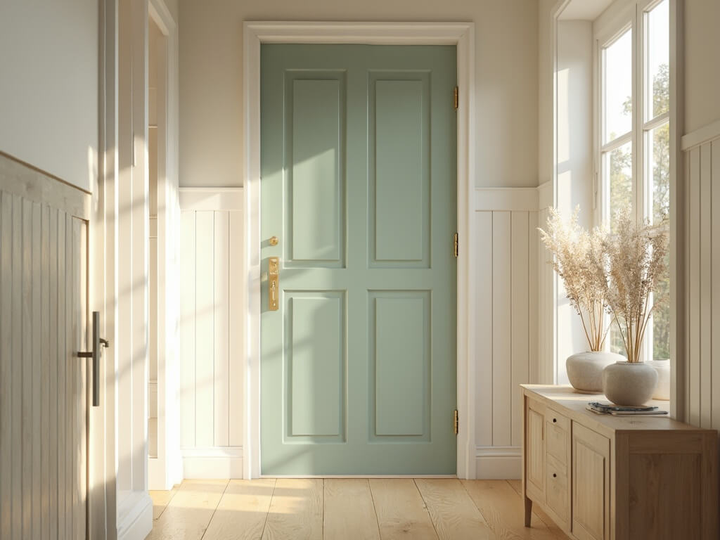"Modern farmhouse entryway with sage green door, white oak flooring, and natural wood console table"