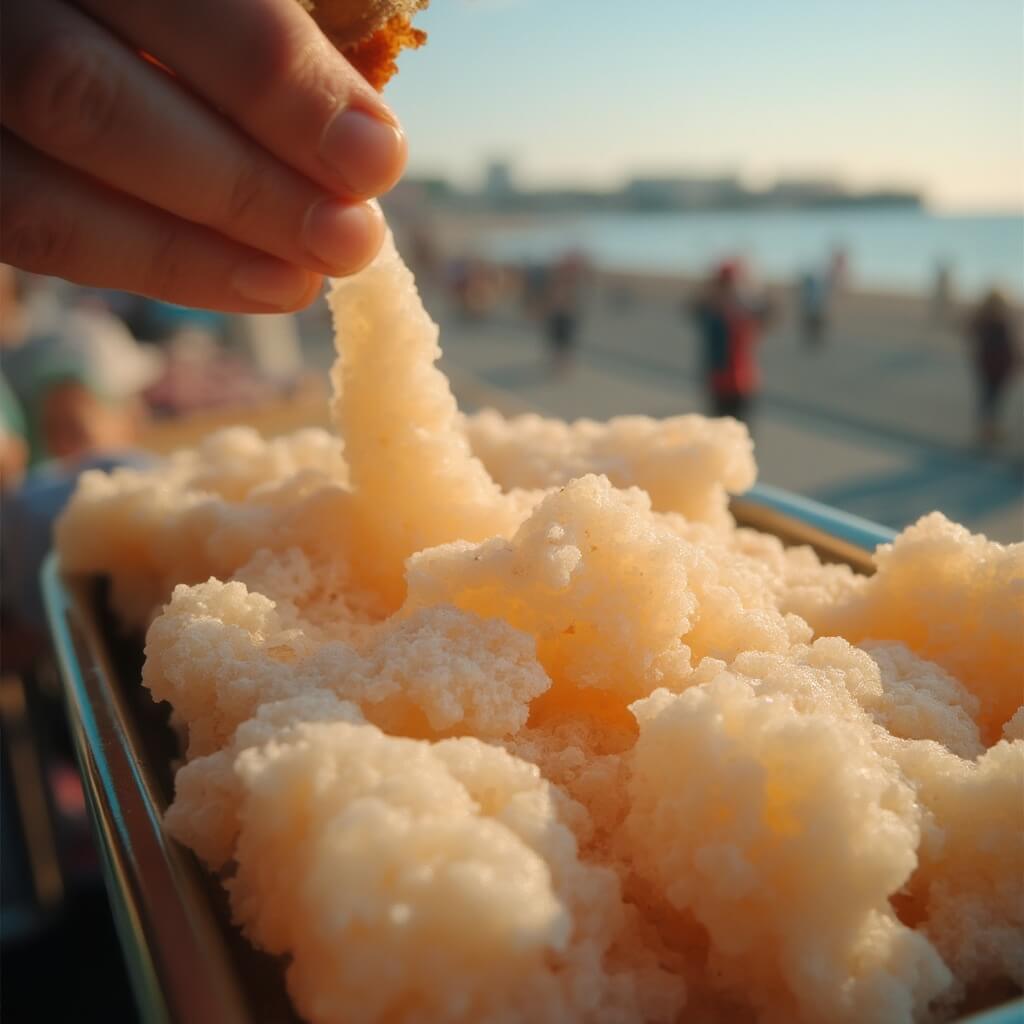 Close-up of fresh saltwater taffy being made on classic boardwalk, with soft-focus background of ocean and street scene, illuminated by warm light