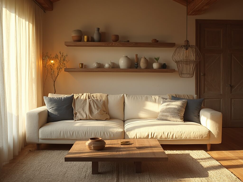 "Golden sunlight illuminates a serene living room with a weathered oak coffee table, oatmeal-colored sofa, ceramic vessels and wooden shelves, brass floor lamp, jute rug, indigo pillows, and silk throw, with focus on central seating area in 8K resolution."