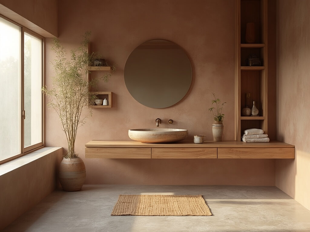 "Serene Japanese-inspired bathroom with handcrafted sink, natural stone tiles, and minimal decor illuminated by soft morning light"