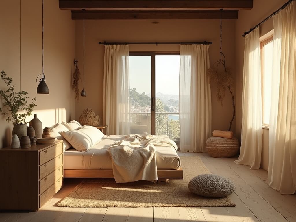 "Serene bedroom with natural textures and minimal styling, highlighted by soft morning light"