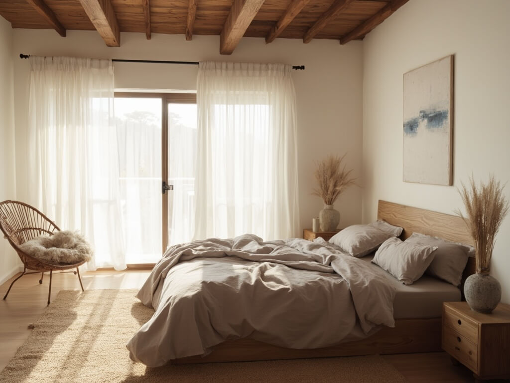 "Wabi-sabi inspired bedroom at dawn with rumpled bedding, wooden furnishings, and natural elements in soft morning light"
