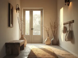 "Serene entryway in morning light with natural materials, weathered oak bench, handcrafted iron mirror, jute runner, rough stone floor, ceramic vessels with dried pampas grass and branches, and brass sconce."