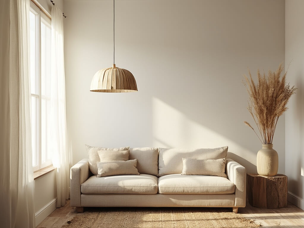 "Wabi-sabi style living room with soft natural light, wooden pendant light, linen sofa, and aged ceramic vessels on oak table"