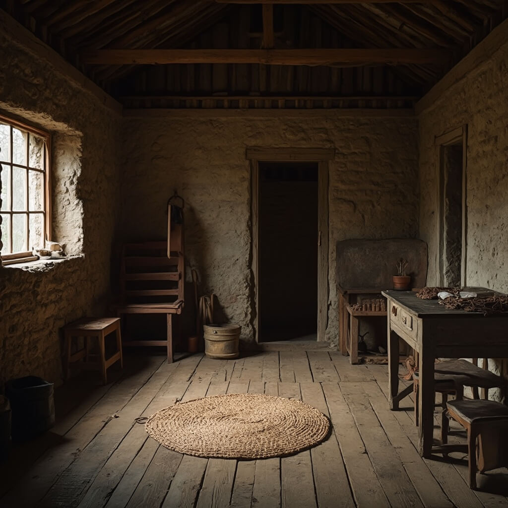 Interior view of a meticulously reconstructed slave cabin, illuminated by soft natural light, displaying daily life artifacts for historical accuracy and respectful representation