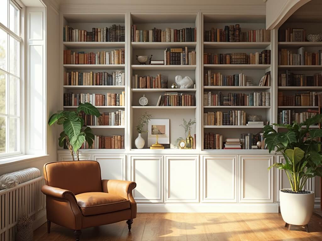 "Sunlit home library with floor-to-ceiling white bookshelves, color-coordinated books, brass sculptures, potted plants, and a brown leather armchair."