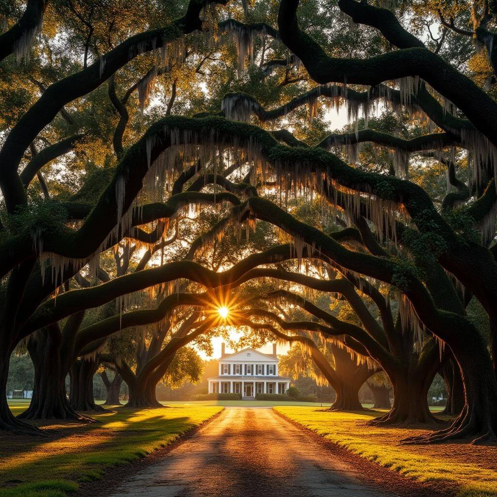 Dramatic sunset over an oak tree tunnel with Spanish moss and shadows leading to a white plantation house