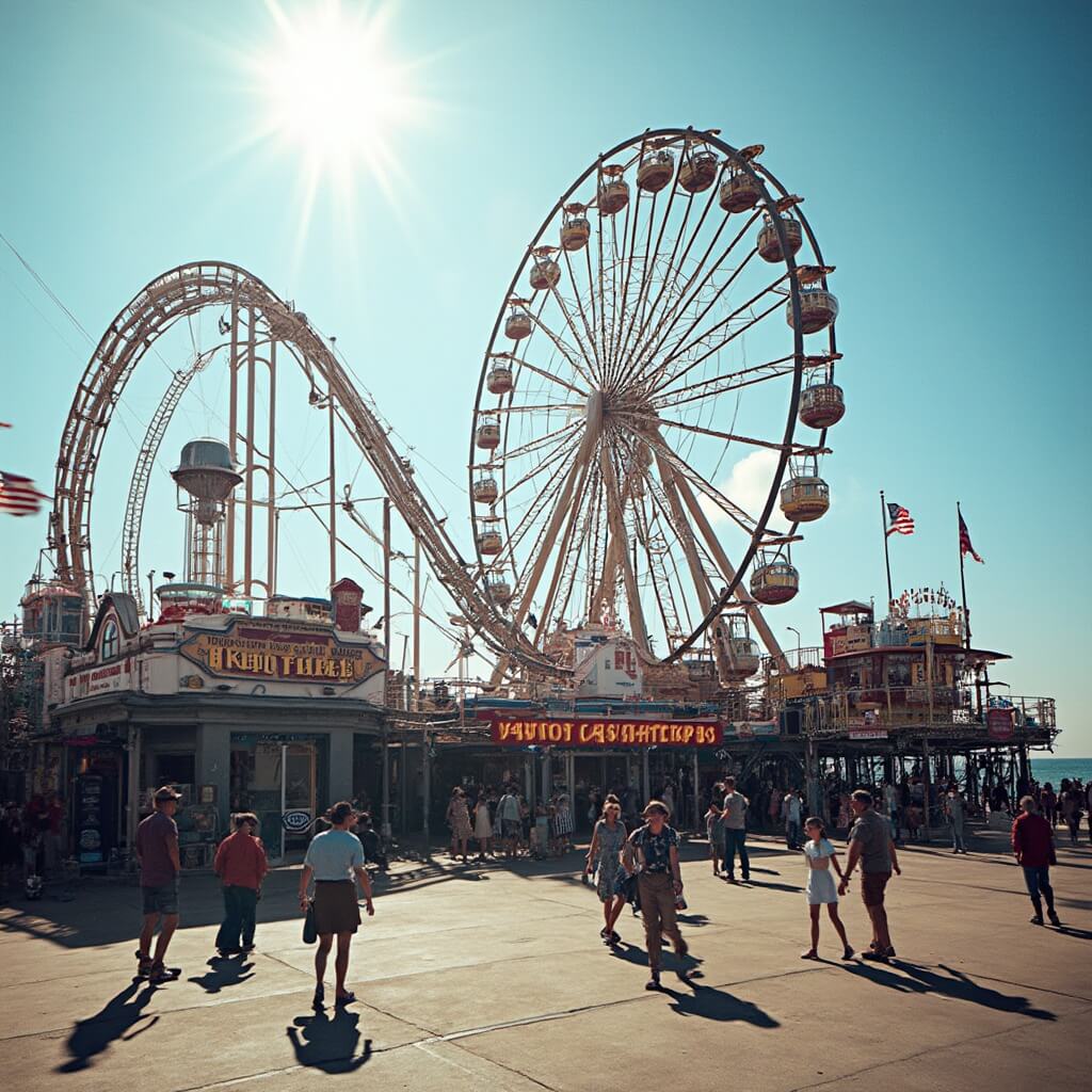 Tourists enjoy rides on historic roller coaster and Ferris wheel at Steel Pier amusement park, brightly illuminated by midday sun in vibrant, dynamic action shot.