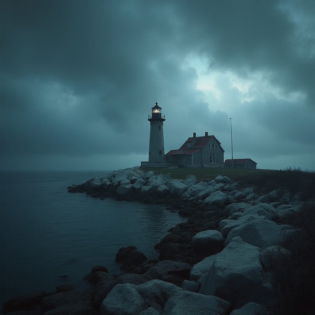 Moody view of historic Whitefish Point Light Station on rocky coastline with stormy clouds gathering