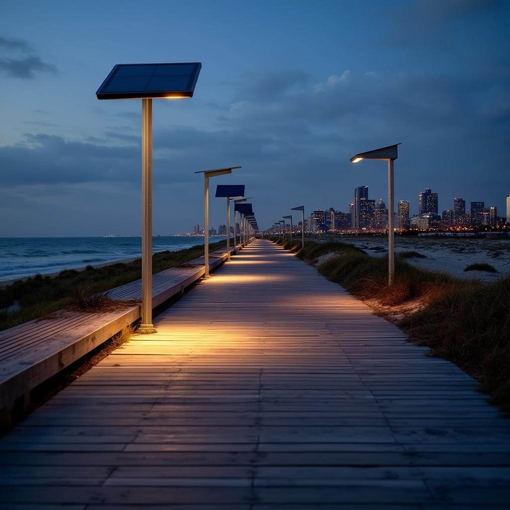 Dusk photo of eco-friendly modern boardwalk with solar-powered LED lights, ocean view on one side and city skyline on the other