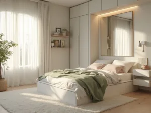 "Cinematic photograph of a serene and minimalist 85-square-foot bedroom bathed in golden morning light"