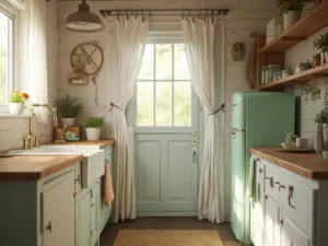 "Cozy sunlit cottage kitchen with sage green mini fridge, reclaimed oak shelving, and vintage decor in muted color palette"
