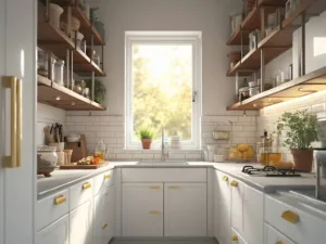 "Compact kitchen design with white cabinets, gray walls, walnut floating shelves, subway tile backsplash, and quartz countertops in morning sunlight"