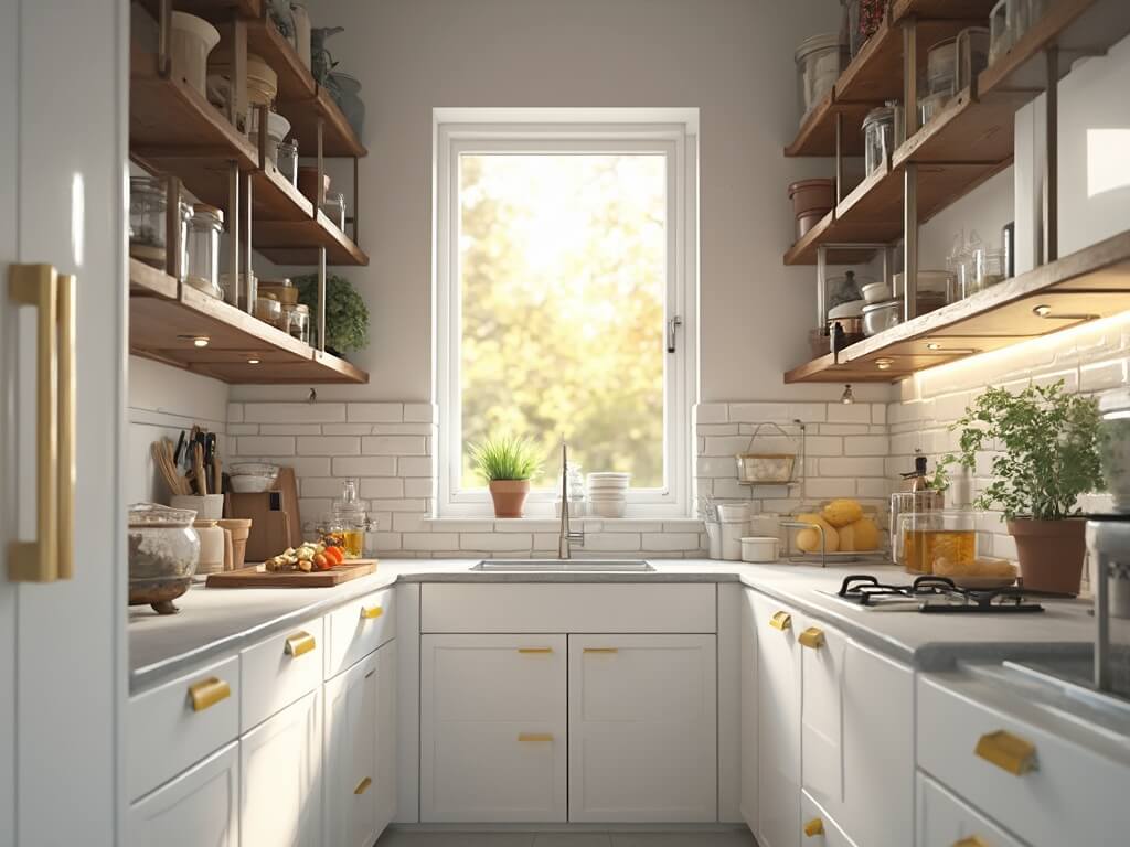 "Compact kitchen design with white cabinets, gray walls, walnut floating shelves, subway tile backsplash, and quartz countertops in morning sunlight"
