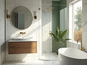 "Minimalist style luxury bathroom with white tiles, walnut vanity, sage green accent wall, and natural light from frosted window"