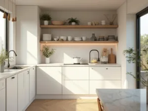 "Modern-minimal kitchen with white cabinets, pale oak shelves, marble-topped island, and copper accents, bathed in soft golden hour light"