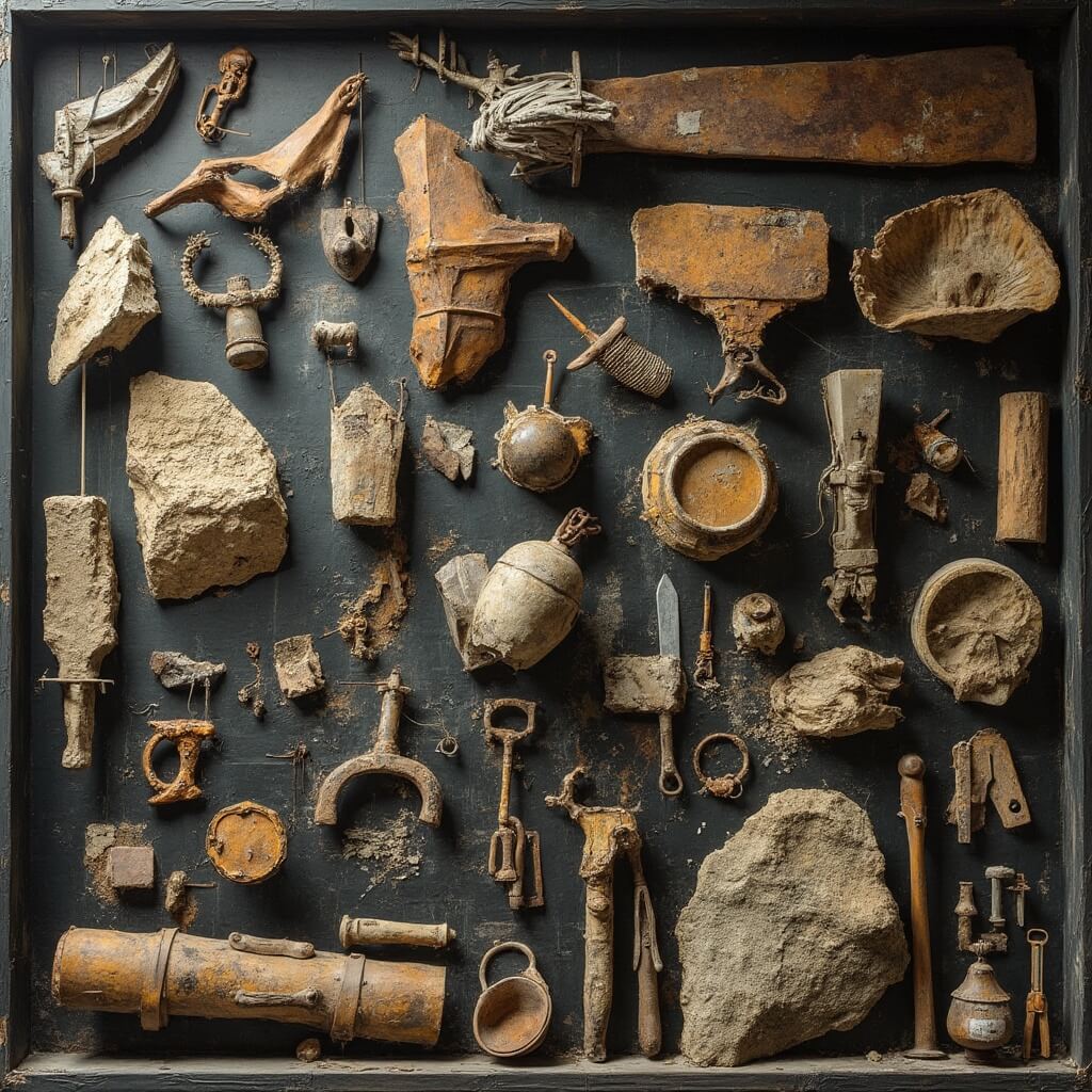 Display of assorted maritime artifacts from a shipwreck, including weathered nautical equipment, ship fragments, and personal items